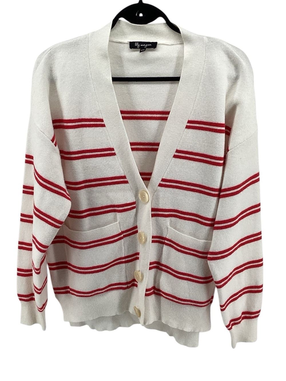 🦋 Lily Morgan Cream Cardigan with Red Stripes and Button Front, Size M
